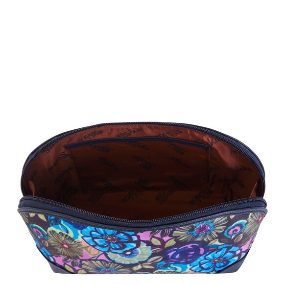 Printed Blue Fabric Cosmetic Pouch Bag for Women, Travel Case with Leather trim - Picture 5 of 8